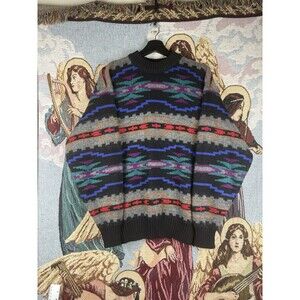 Vintage Alps Wool Sweater Mens Medium Knit Multicolor Pullover Cottagecore